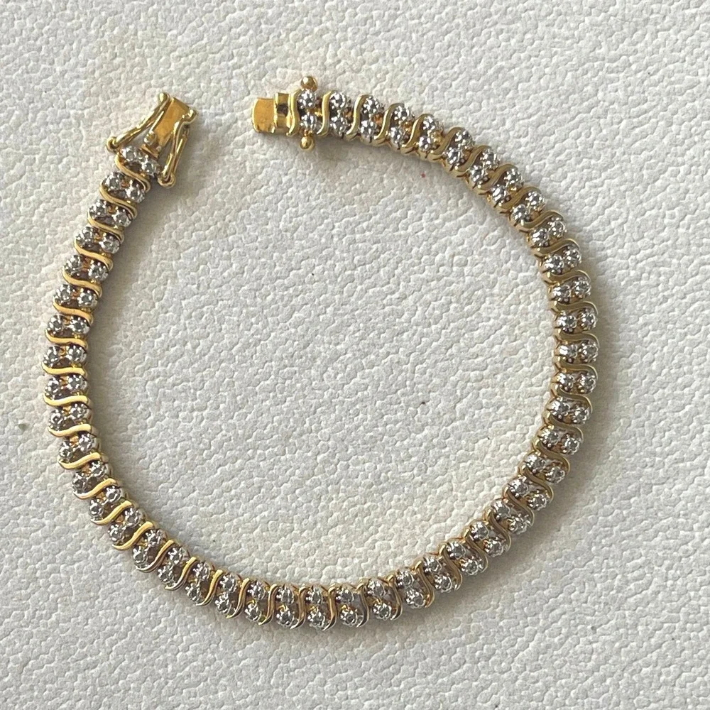 Vtg 925 Sterling Silver Gold Vermeil CZ Tennis Bracelet 7.25" Wave Link Design - Picture 1 of 10